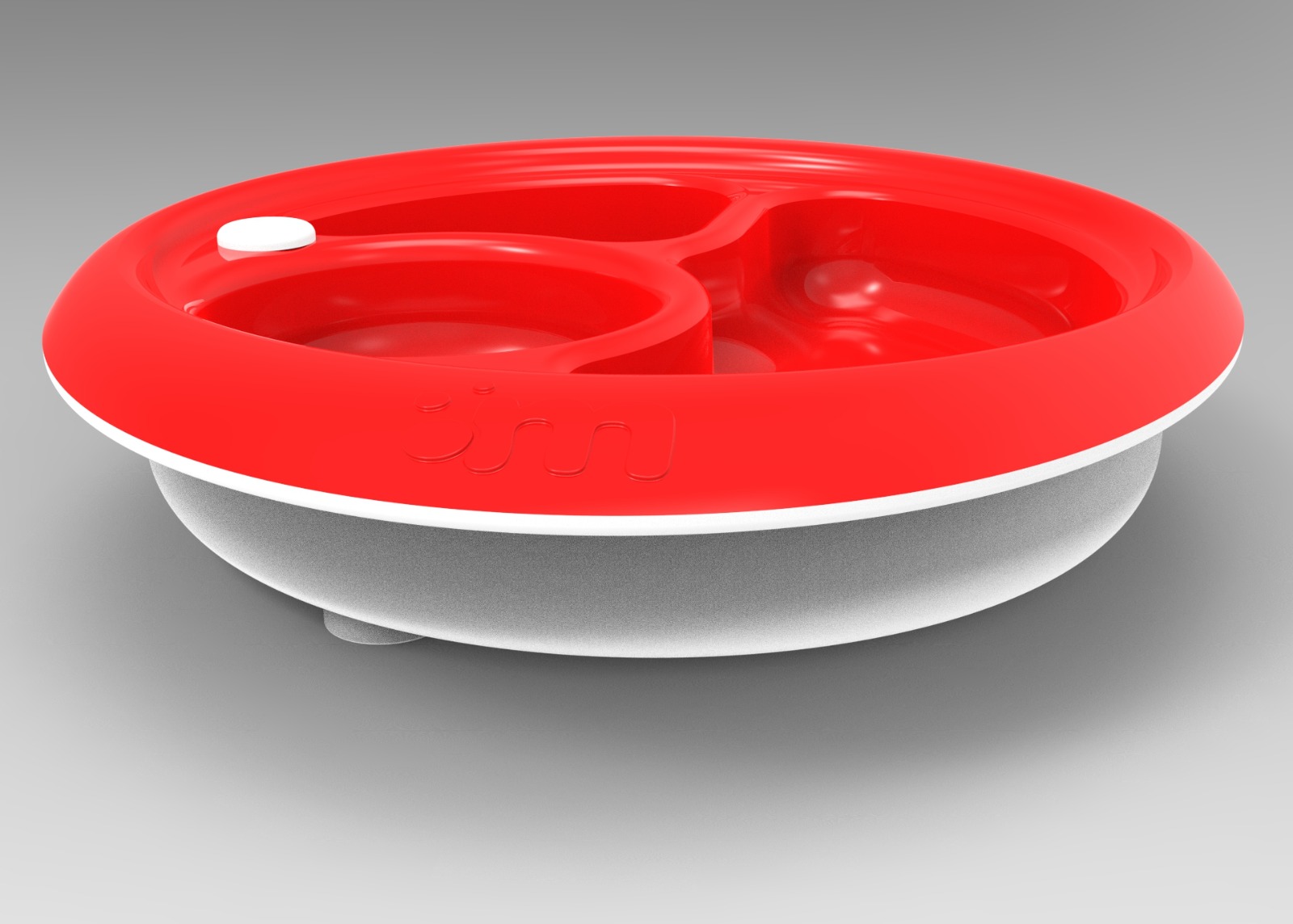 Visualización CAD de un producto plástico circular, con piezas rojas y blancas