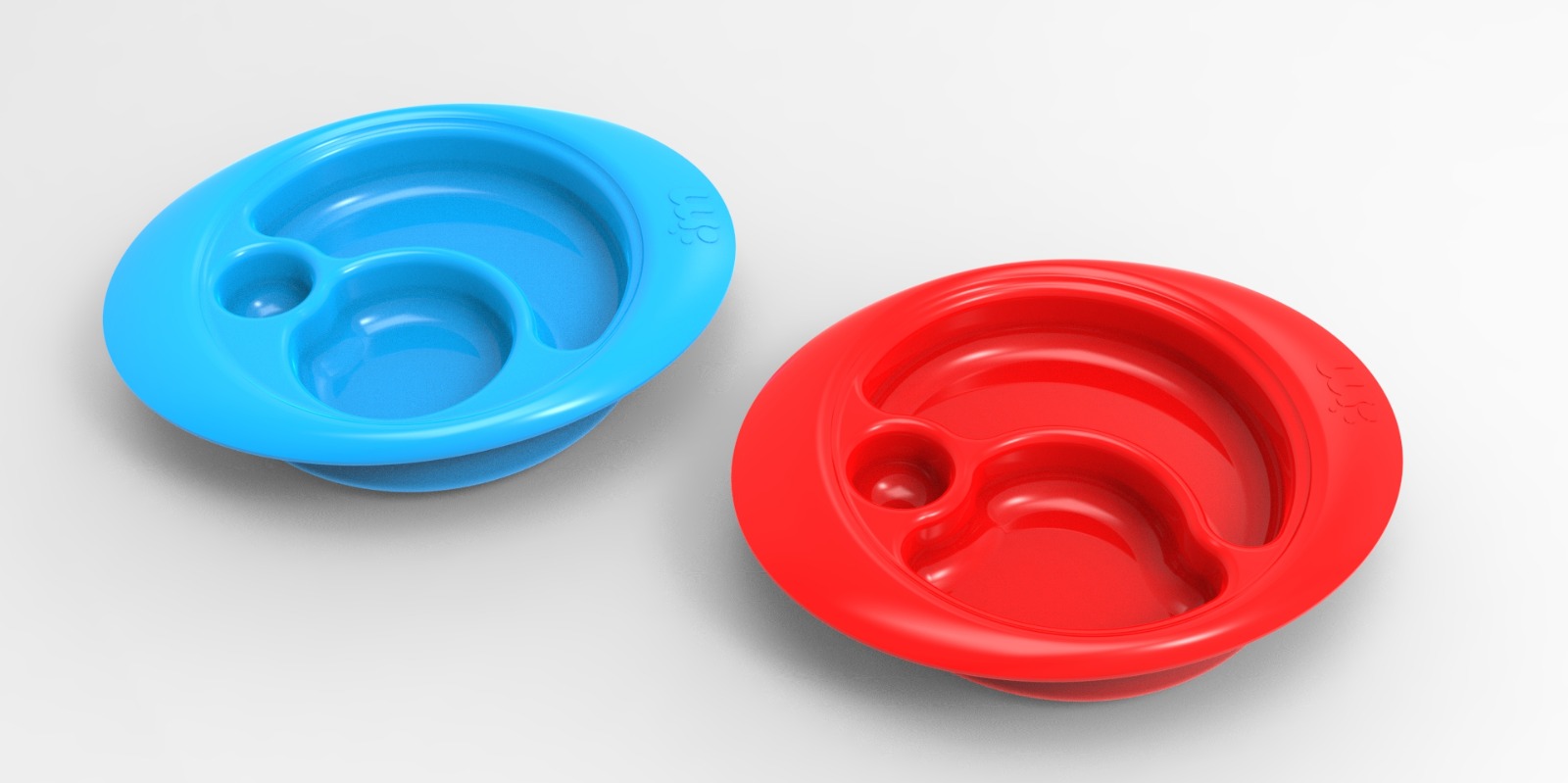 Dos variantes CAD de un producto plástico circular, en azul y rojo